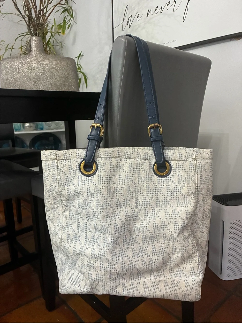 Michael Kors Cream & Navy MK Logo Canvas Tote with Gold Accents